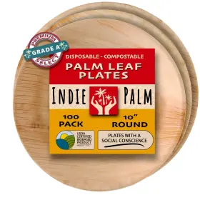 Indie Palm 860010553091 Compostable 10 Inch Round Leaf Plates 100-pack Eco-friendly Biodegrad