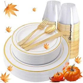 Iooooo 714133945045 150pcs Gold Plastic Plates White Dinnerware Set Perfect Thanksg