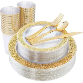 Iooooo 738426125495 150pcs Gold Plastic Plates Clear Dinnerware Set Lace Design Chr