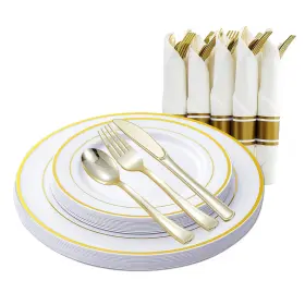 Ipsw 699957861484 Gold And Silver Disposable Dinnerware With Rolled Napkins - Heavy Duty Plastic Pl