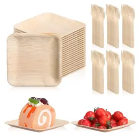 Dn-irenare-1278 Irenare 200 Pieces 6 Inch Palm Leaf Plates Wooden Forks Disposable Set Square Party P