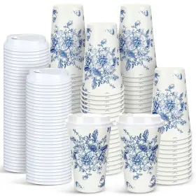 Dn-irenare-2843745 Irenare 96 Pcs Winter Blue And White Flower Disposable Coffee Cups With Lids 16 Oz Ch