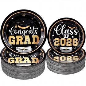 Irenare Dnn-irenare-1483 200 Pcs Graduation Paper Plate Bulk 2026 Decoration Black Gold Cla