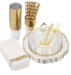 Isfangco 048956569944 Isfanco 200 Pcs Gold Dinnerware Set For 25 Guests Rimmed Heavy Duty