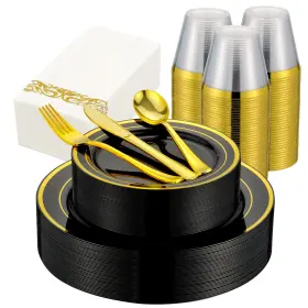 50rim-bg Isfangco Ifc-7 Best 350 Pcs Black And Gold Dinnerware Set For 50 Guests Christmas Disposable