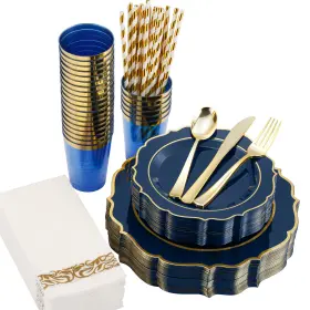 25wave-gnb Isfangco Ifc-8 200 Pcs Premium Blue Plastic Plates For 25 Guests Heavy Duty And Gold D