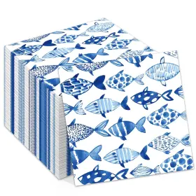 X-zj037 Jajajuegos 40pcs Ocean Fish Paper Napkin Blue Watercolor 6.5 Inches X