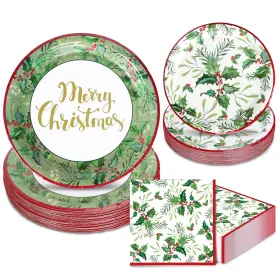 J3939 Jarthenaamcs Merry Christmas Party Supplies Kit Serves 24 Holly Paper Plates Napkins 72 Pcs