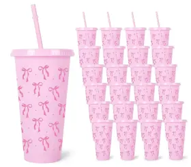 J4912 Jarthenaamcs 12 Pcs Pink Bow Plastic Cups With Straw And Lid Ribbon Tumbler Plast