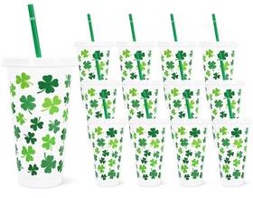 Jarthenaamcs J5667 12pcs St. Patricks Day Plastic Cups With Straw And Lid Green Shamrock Tumbler L