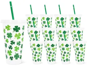 J5667 Jarthenaamcs 12pcs St. Patricks Day Plastic Cups With Straw And Lid Green Shamrock Tumbler L