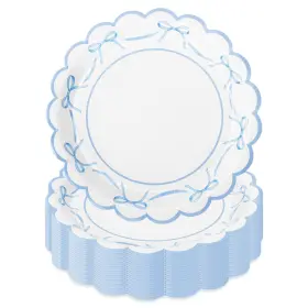 J5758 Jarthenaamcs 50pcs Blue Bow Paper Plate Scalloped Bowknot Baby Shower Disposable 9 Inch
