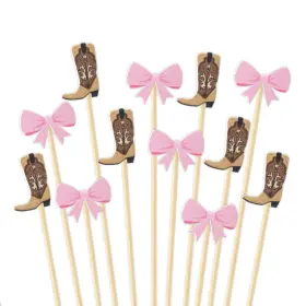 J6346 Jarthenaamcs 100pcs Boot Or Bow Cocktail Pick Gender Reveal Toothpick Pink Brown Boy Gi