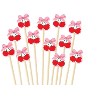 J7453 Jarthenaamcs 100 Pcs Cherry Bow Cocktail Picks Red Coquette Toothpick Long Appeti
