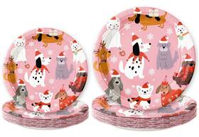 Jarthenaamcs J9045 Christmas Paper Plate 9 Inch And 7 Pink Dog Theme Plates Cute Cartoon