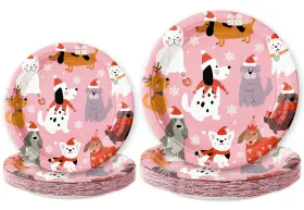J9045 Jarthenaamcs Christmas Paper Plate 9 Inch And 7 Pink Dog Theme Plates Cute Cartoon
