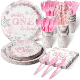 Serve25 Jectivs Jt22051 Winter Onederland Party Supplies And Silver Snowflake Pink Tableware