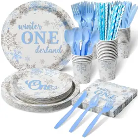 Jt22052-50 Jectivs Winter Onederland Party Supplies Blue And Silver Snowflake Plates Napkins