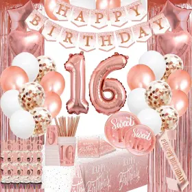 Jenlion 750739615647 Sweet 16 Birthday Decorations For Girls - Total 166pcs Rose Gold Bannerfoi