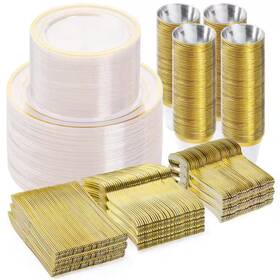 Jfvkaf 711181780598 600pces Clear Gold Dinnerware Set Plastic Plates For Party Christmas New Year