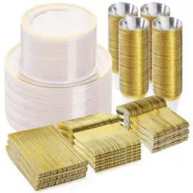 600pces Jfvkaf 711181780598 Clear Gold Dinnerware Set Plastic Plates For Party Christmas New Year