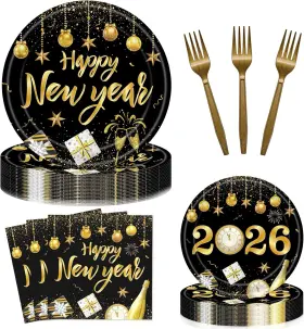 Jh50 Jhfinely 96 Pieces Happy New Year Plates And Napkins Tableware 9inch 7inch Multicolor