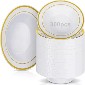Ges-jinei-1960 Jinei 300 Pieces Plastic Bowls With Gold Rim 6 Oz Disposable Salad Smal