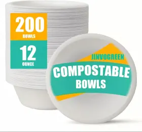 Jinvogreen 445027751727 200 Count 12 Oz Paper Bowls Disposable Compostable Bulk Heavy Duty Biode