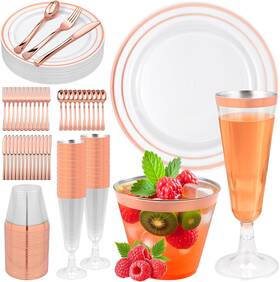 Jiurun 445004972961 150pcs Rose Gold Plastic Plates Set For 25 Guests Disposable Dinnerware Of