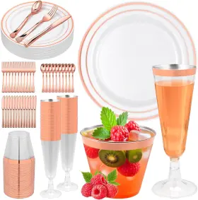 Jiurun 445004972961 150pcs Rose Gold Plastic Plates Set For 25 Guests Disposable Dinnerware Of