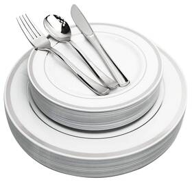 Jl Prime Sslv125d 125 Piece Silver Plastic Plates And Cutlery Set - Reusable Recyclable Silve