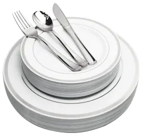 Sslv125d Jl Prime 125 Piece Silver Plastic Plates And Cutlery Set - Reusable Recyclable Silve