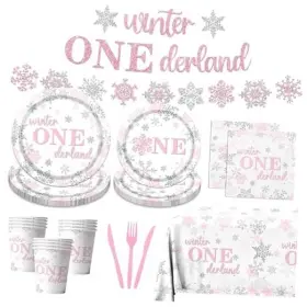 Jmanuk 717325379680 142pcs Winter Onderland 1st Birthday Party Supplies Pink And Silver Snowflake