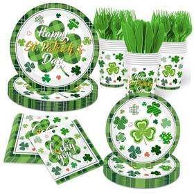 Jmanuk 717639869624 144pcs St. Patrick S Day Plates And Napkins Green Plaid Lucky Shamrock