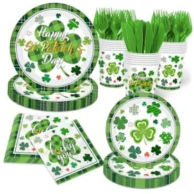 Jmanuk 717639869624 144pcs St. Patrick S Day Plates And Napkins Green Plaid Lucky Shamrock