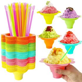 Jnnzzggu Jnshao46a7 200pcs 4 Oz Colorful Flower Snow Cone Cups With Spoon Straws Plastic Shaved I