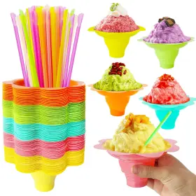 Jnshao46a7 Jnnzzggu 200pcs 4 Oz Colorful Flower Snow Cone Cups With Spoon Straws Plastic Shaved I