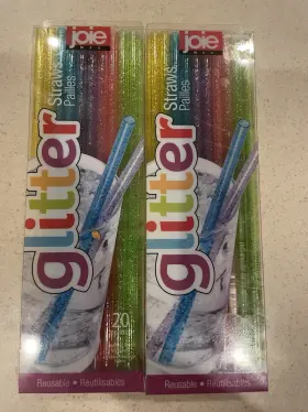T12788 Joie 20 Glitter Reusable Plastic Drinking Straws With Cleaning Brush Eco Friendly 2 Pac