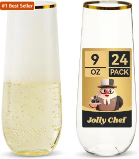 Jolly Chef 313092731722 24 Pack Stemless Plastic Champagne Flutes Disposable 9 Oz Gold Rim Cl