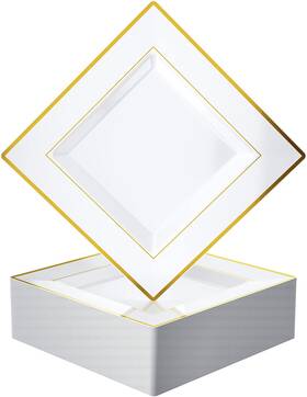 Jolly Chef 445006411413 60 Pack Plastic Dinner Plates- Square Gold Plates With Elegan