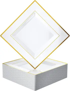 Jolly Chef 445006411413 60 Pack Plastic Dinner Plates- Square Gold Plates With Elegan