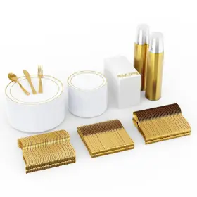 Jolly Chef 768894147415 700 Count Gold Dinnerware Set-200 Plastic Plates- 300 Silverware