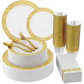 Jolly Chef 788703498309 210 Count Gold Plastic Dinnerware Disposable Plates Large