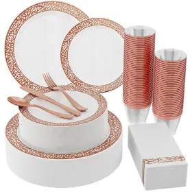 Jolly Chef 788703498323 210 Count Rose Gold Plastic Dinnerware Disposable Plates 30 Dinner