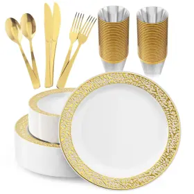 P009-25-gold Jolly Chef 150 Count Gold Dinnerware Set Elegant Plastic Plates Disposable Include 25