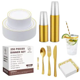 P016-250-gold Jolly Chef 250 Count Gold Disposable Plastic Dinnerware Set 50 Plates 25