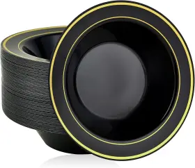 Jolly Party 744110648867 50pcs Black Plastic Bowls With Gold Rim-12oz Christmas Thanksgiving