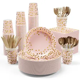 Jolly Party 748250567729 Pink And Gold Supplies - 350 Pcs Disposable Dinnerware Set Paper