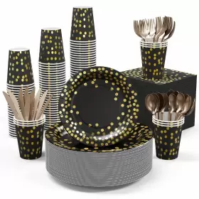 Jolly Party 748250567736 Black And Gold Supplies - 350 Pcs Disposable Dinnerware Set Pap