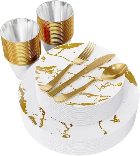 Jolly Party 748250567750 180pcs Disposable Dinnerware Set 30 Guest 60 White&gold